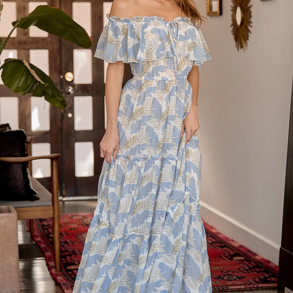 Lulu's White Leaf Print Off-the-Shoulder Maxi Dress, XS
